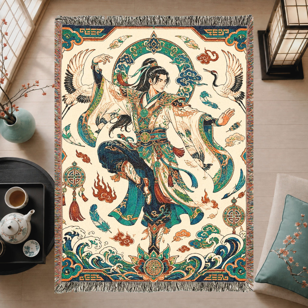 Chinese Warrior Woven Blanket with Cranes and Waves
