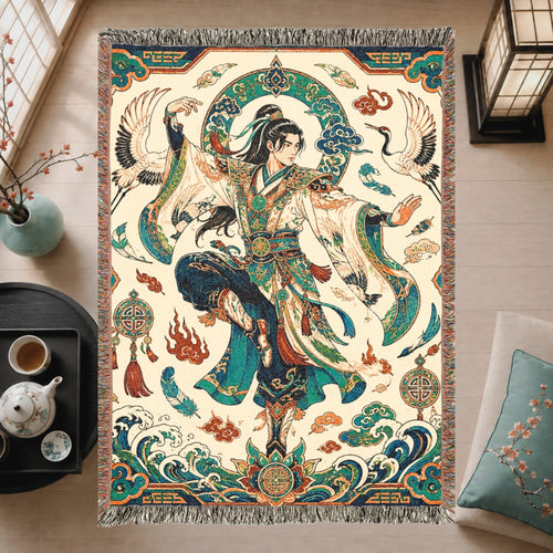Chinese Warrior Woven Blanket with Cranes and Waves