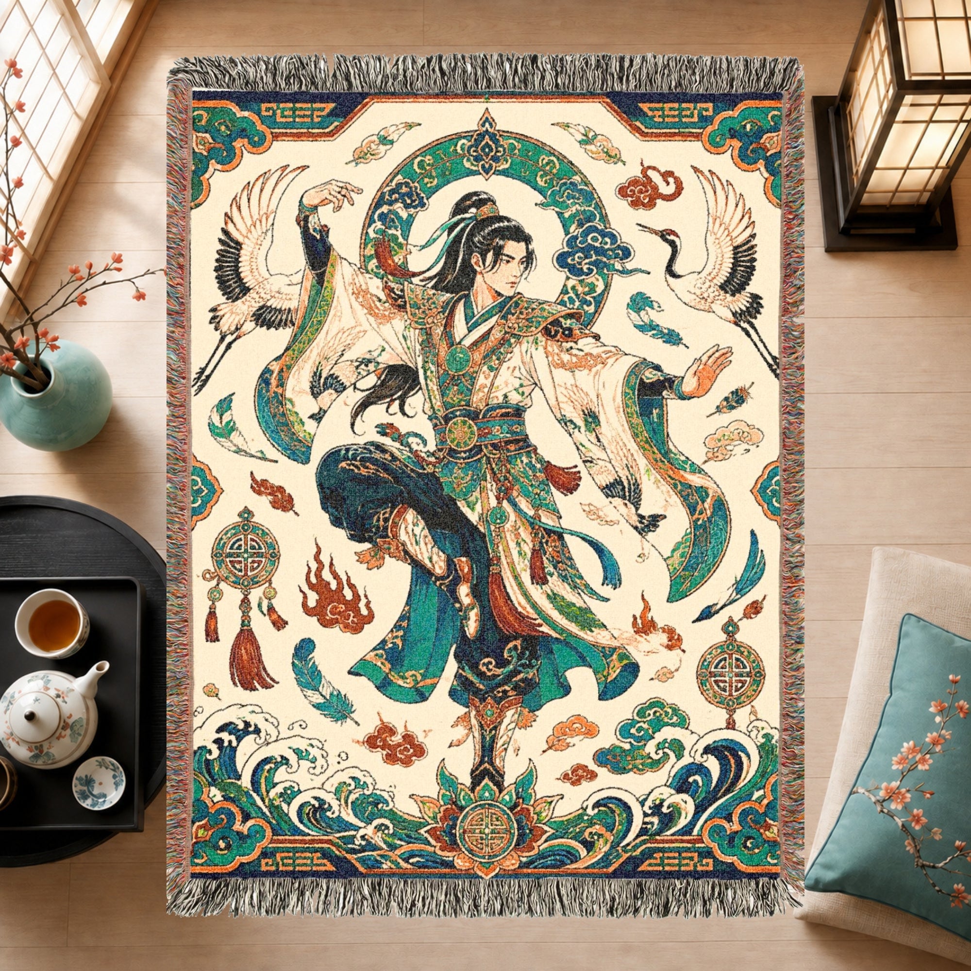 Chinese Warrior Woven Blanket with Cranes and Waves