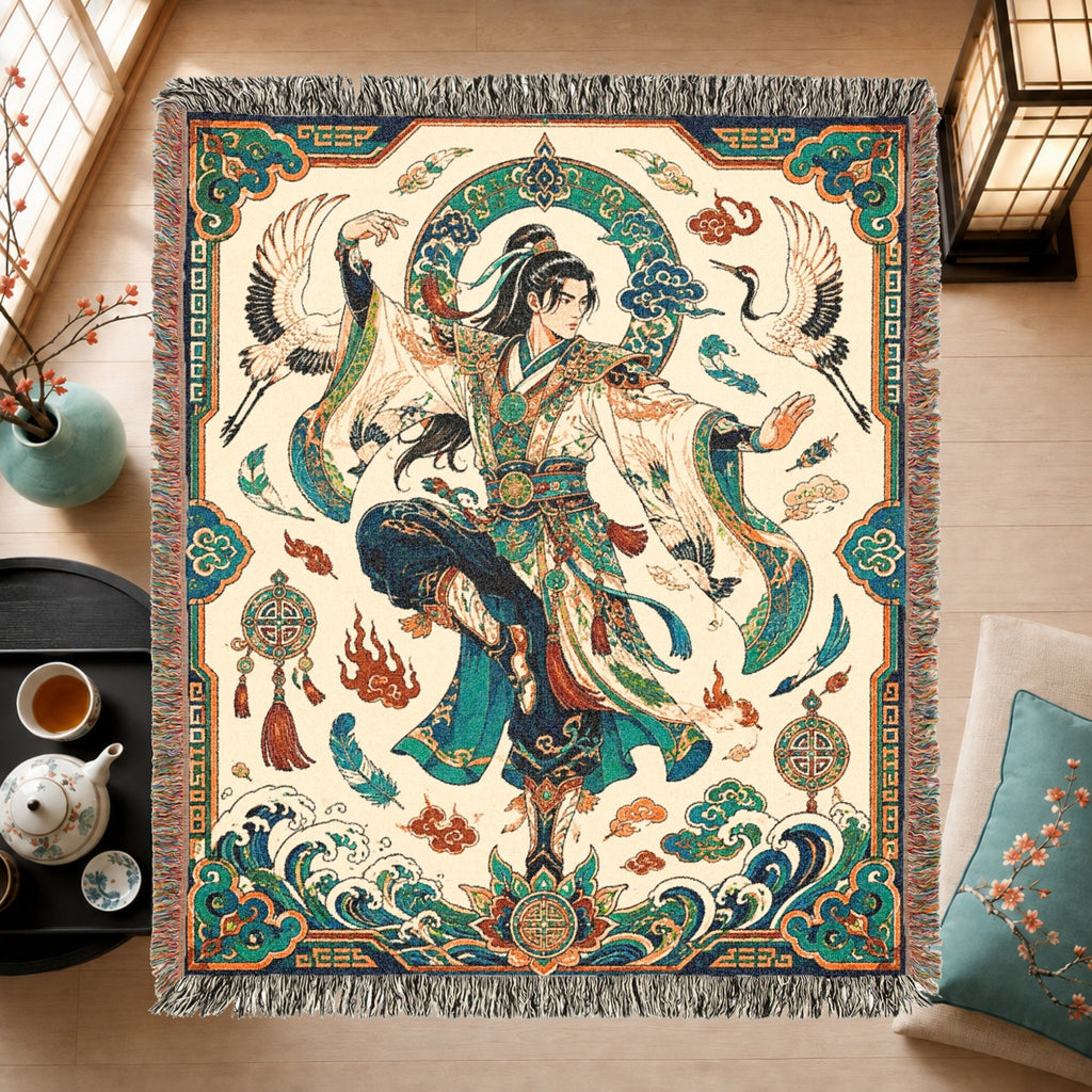Chinese Warrior Woven Blanket with Cranes and Waves