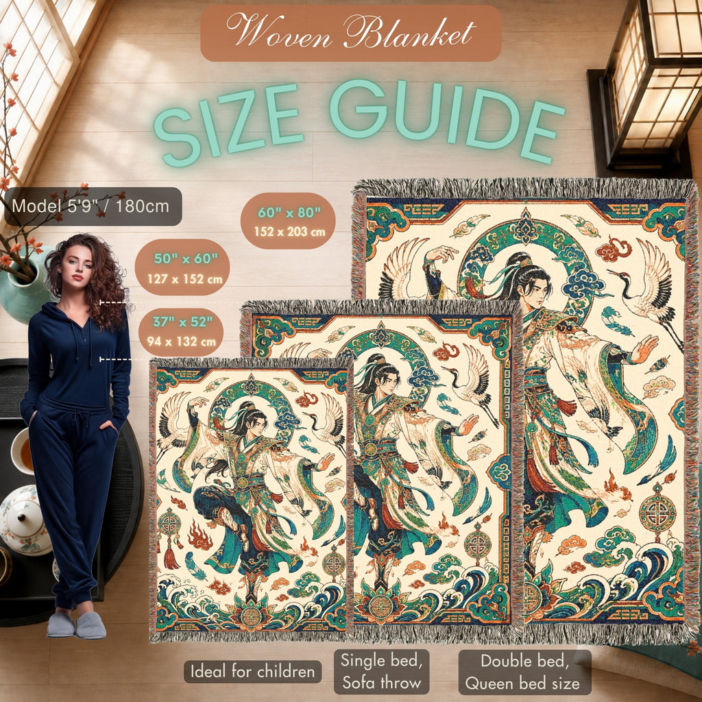 Chinese Warrior Woven Blanket with Cranes and Waves