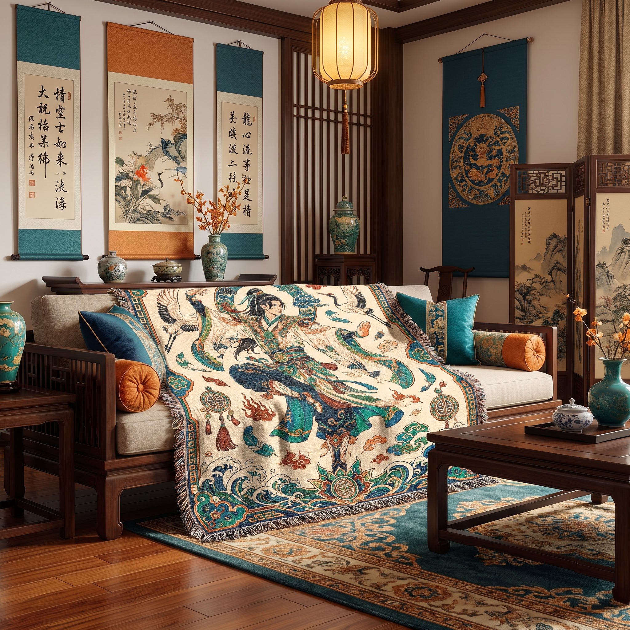 Chinese Warrior Woven Blanket with Cranes and Waves