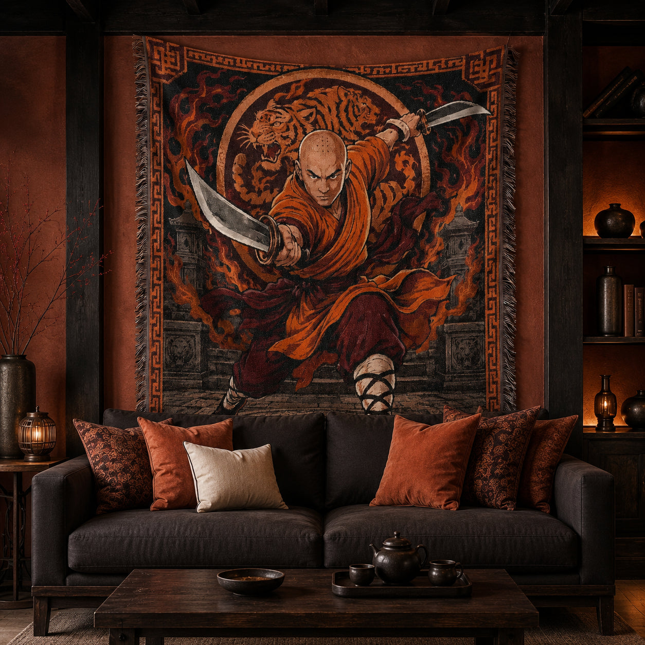 Shaolin Monk Woven Blanket with Flaming Tiger