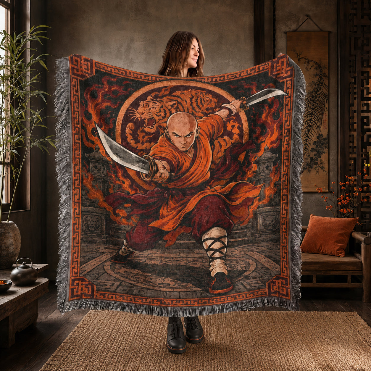 Shaolin Monk Woven Blanket with Flaming Tiger