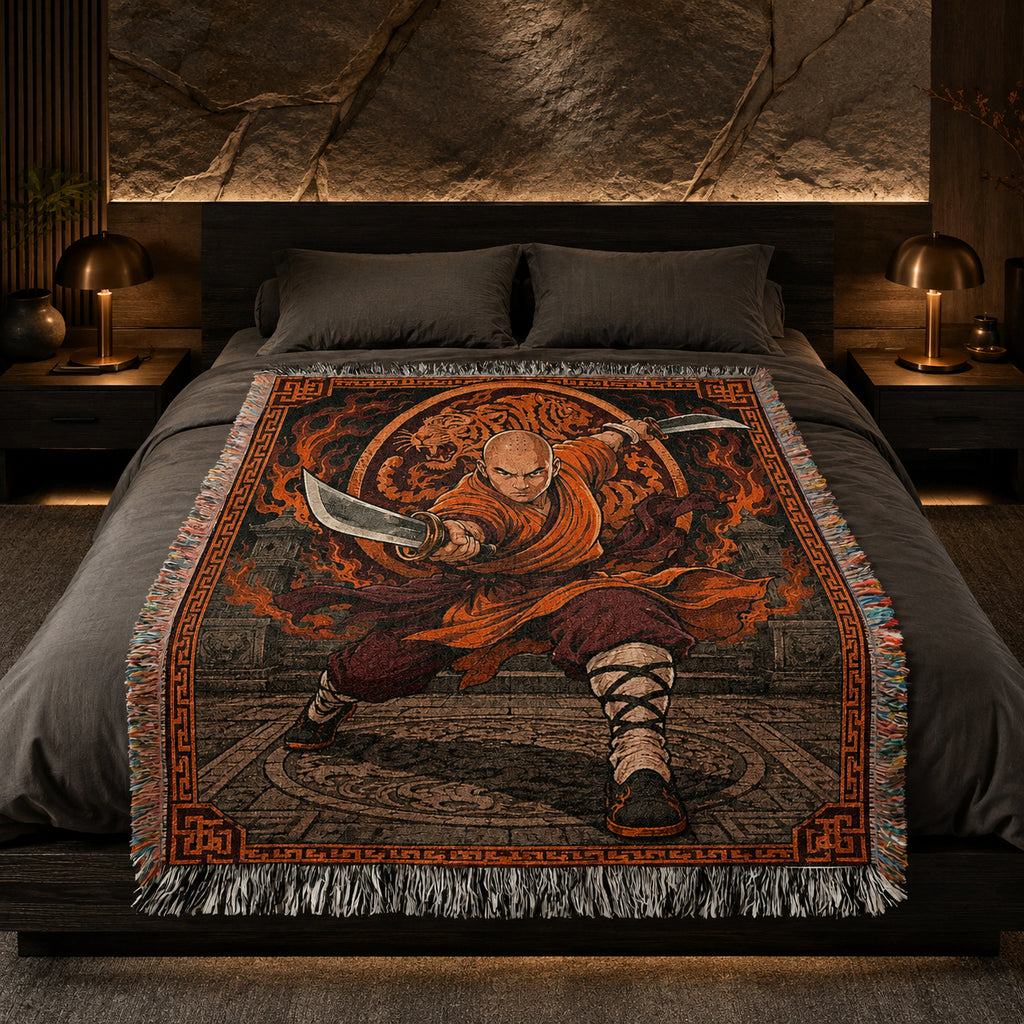 Shaolin Monk Woven Blanket with Flaming Tiger