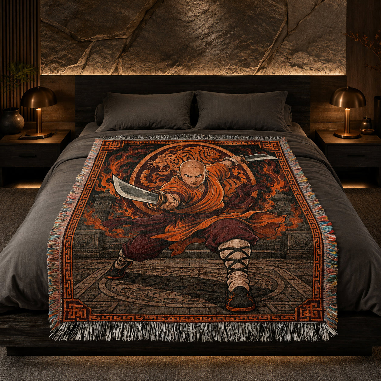 Shaolin Monk Woven Blanket with Flaming Tiger