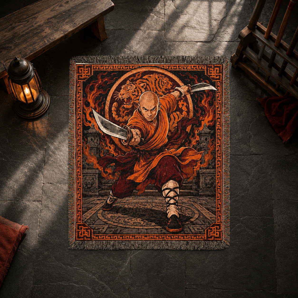 Shaolin Monk Woven Blanket with Flaming Tiger