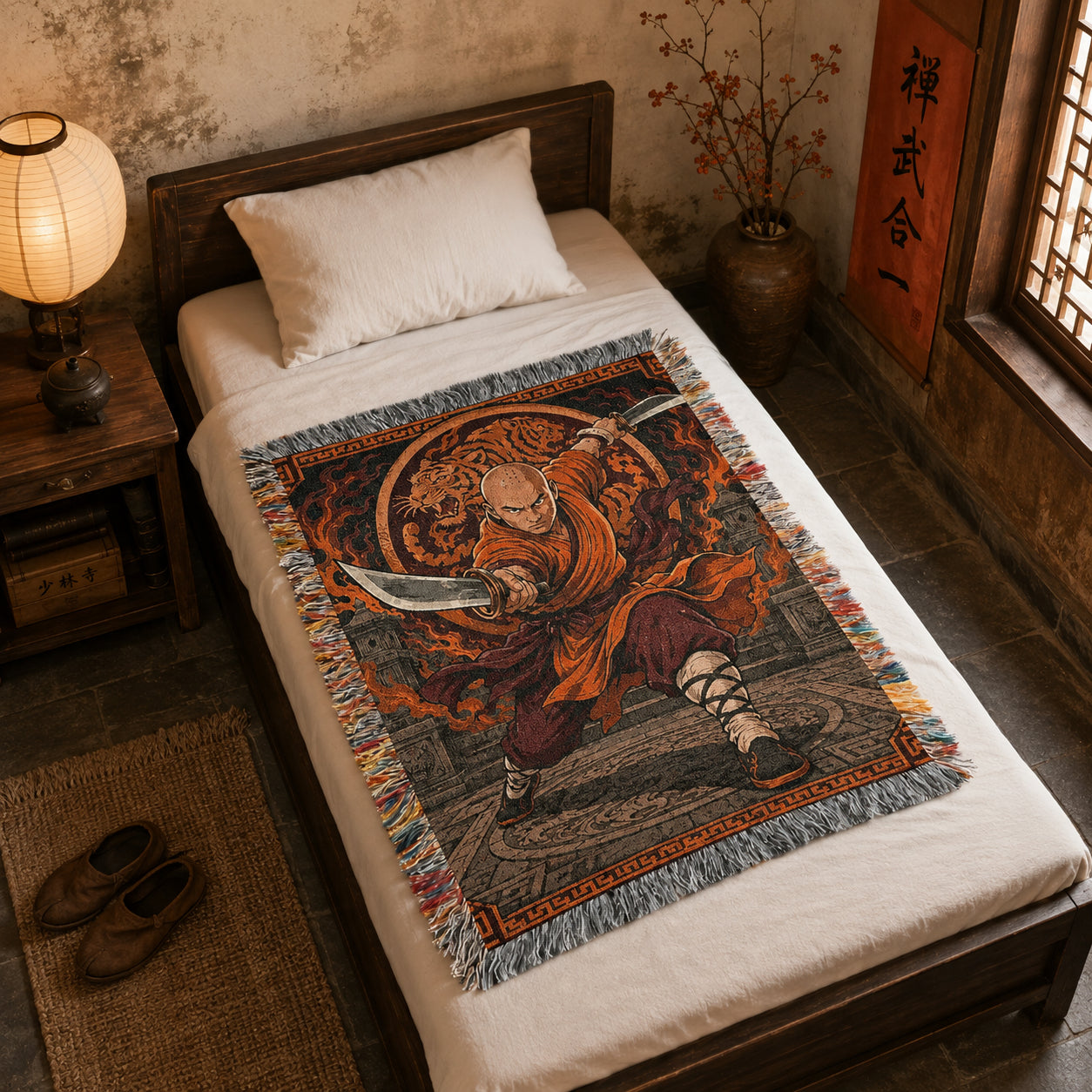 Shaolin Monk Woven Blanket with Flaming Tiger