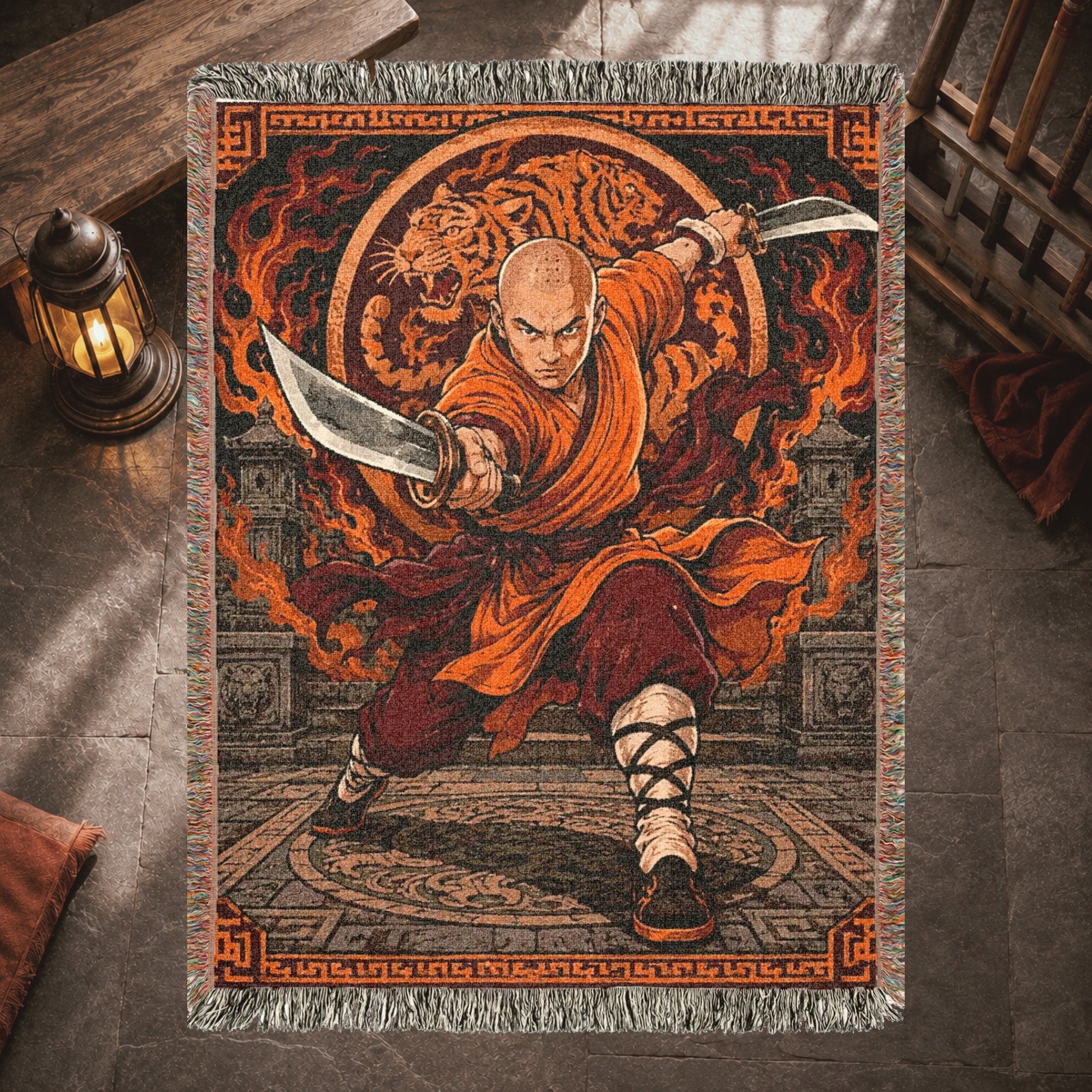 Shaolin Monk Woven Blanket with Flaming Tiger