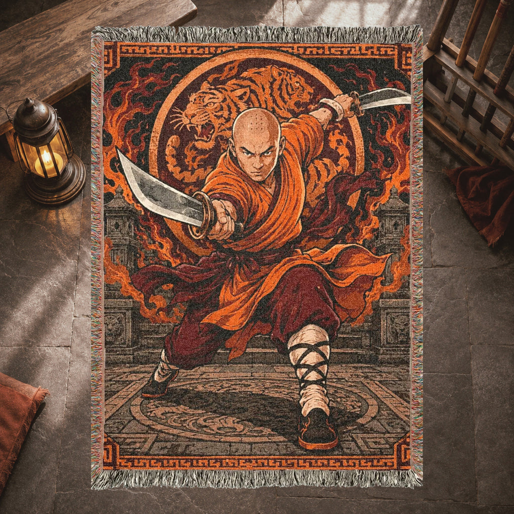 Shaolin Monk Woven Blanket with Flaming Tiger