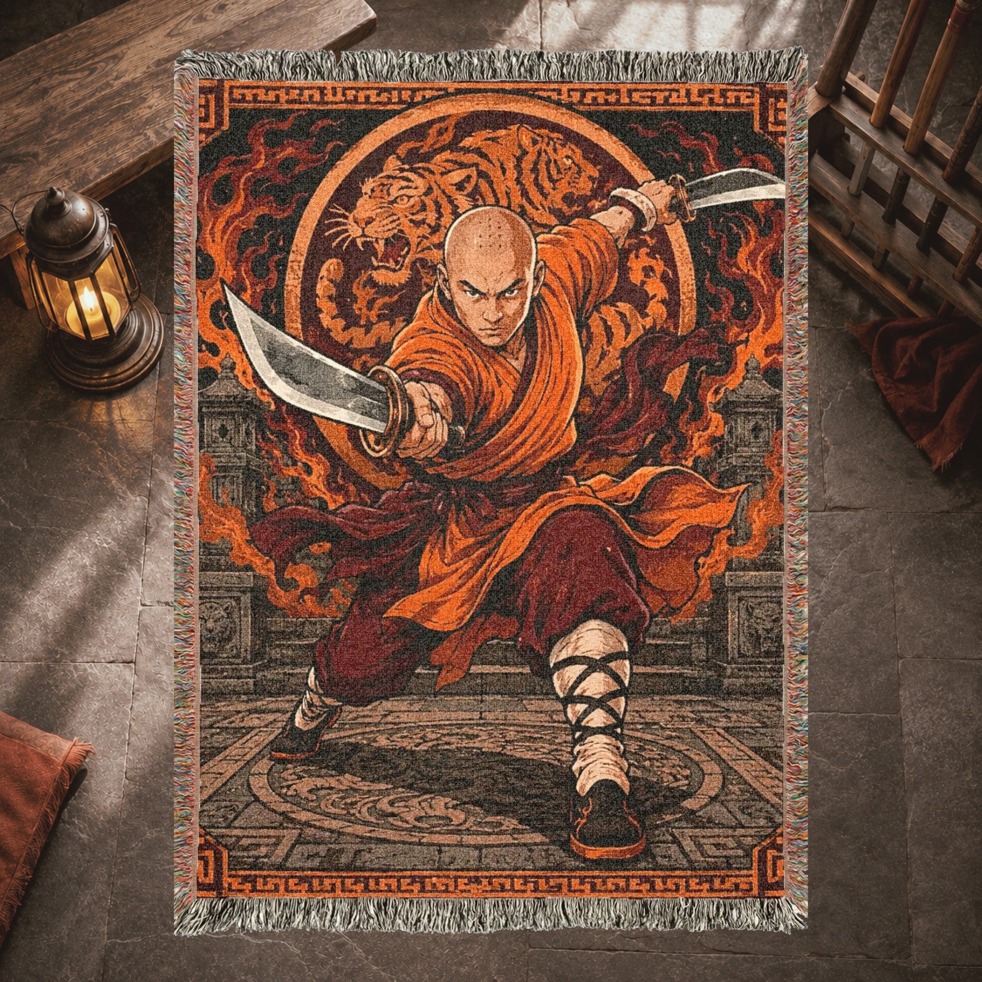 Shaolin Monk Woven Blanket with Flaming Tiger