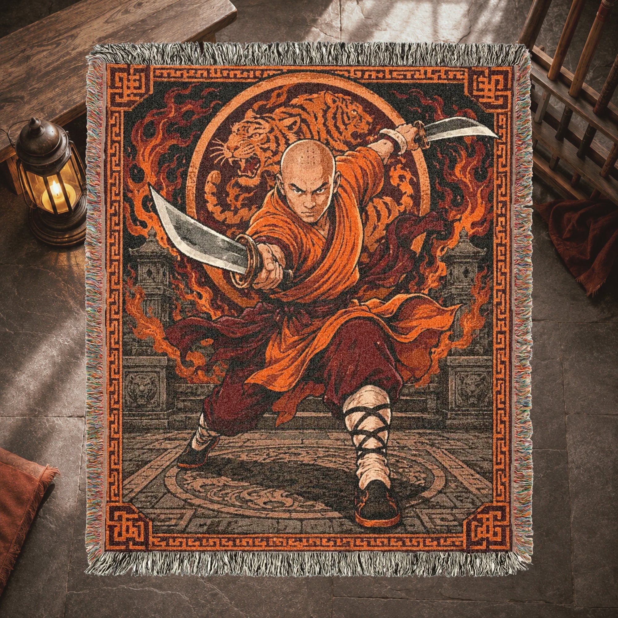 Shaolin Monk Woven Blanket with Flaming Tiger