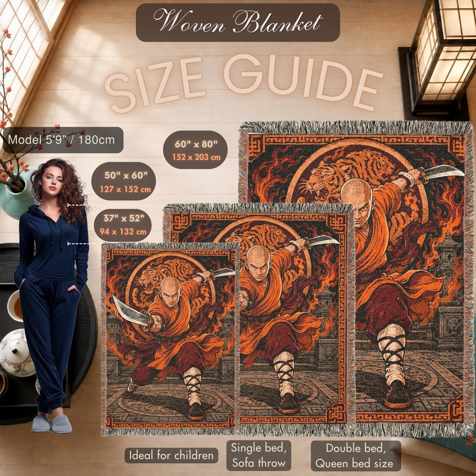 Shaolin Monk Woven Blanket with Flaming Tiger