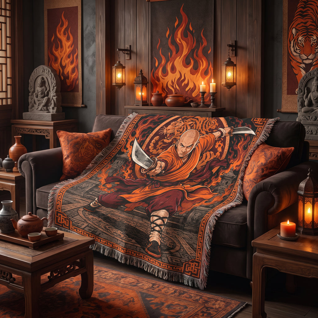 Shaolin Monk Woven Blanket with Flaming Tiger