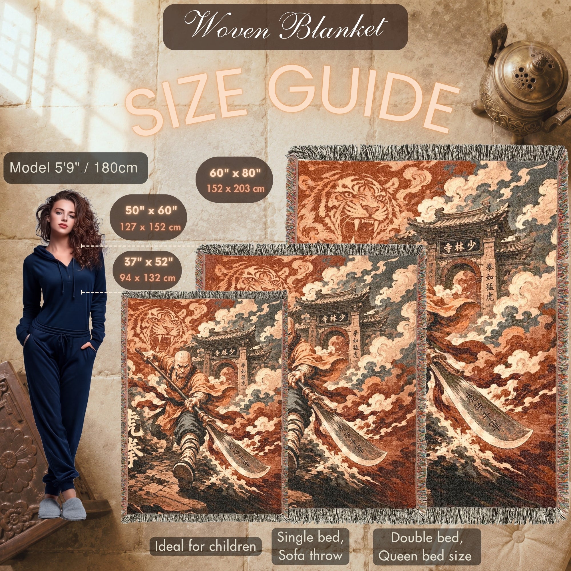 Shaolin Tiger Fist Woven Blanket with Temple Gate