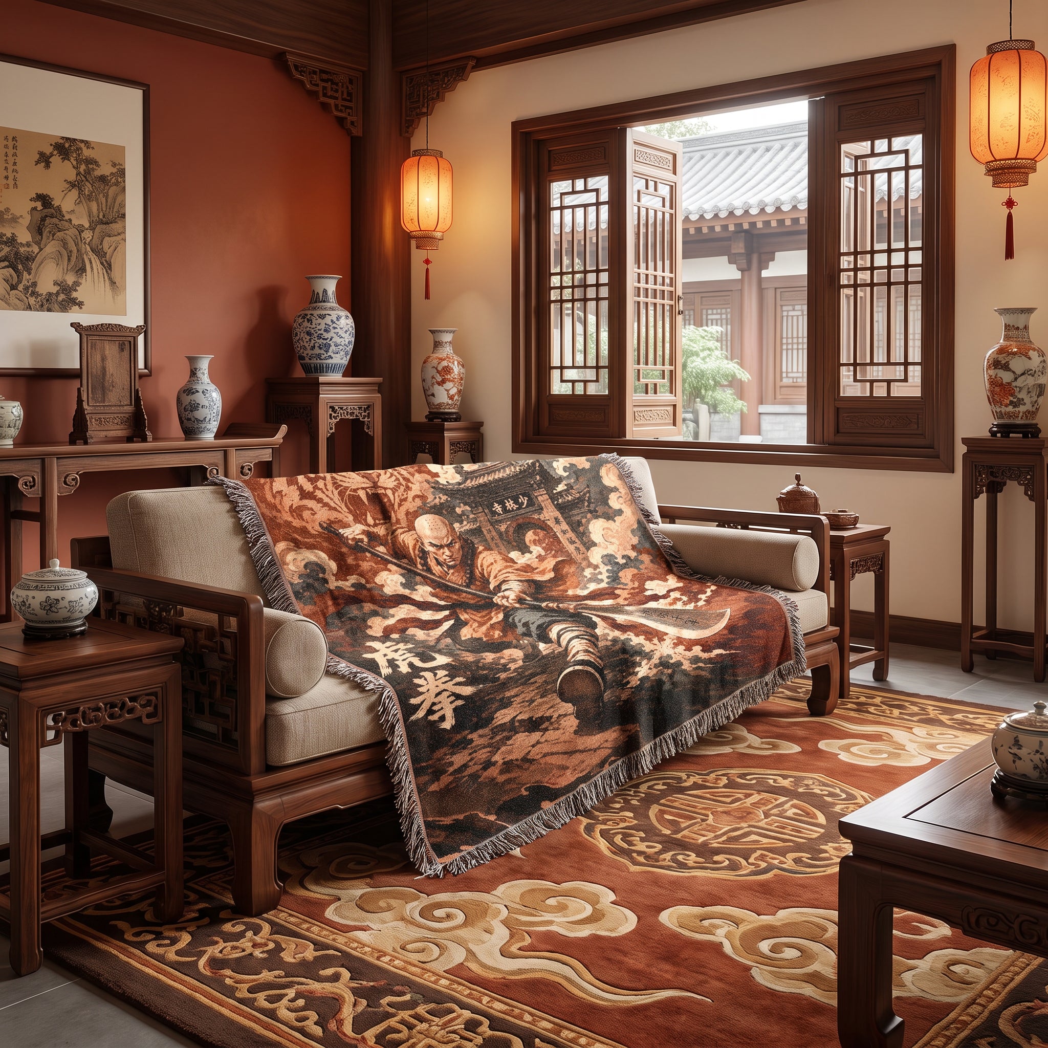 Shaolin Tiger Fist Woven Blanket with Temple Gate