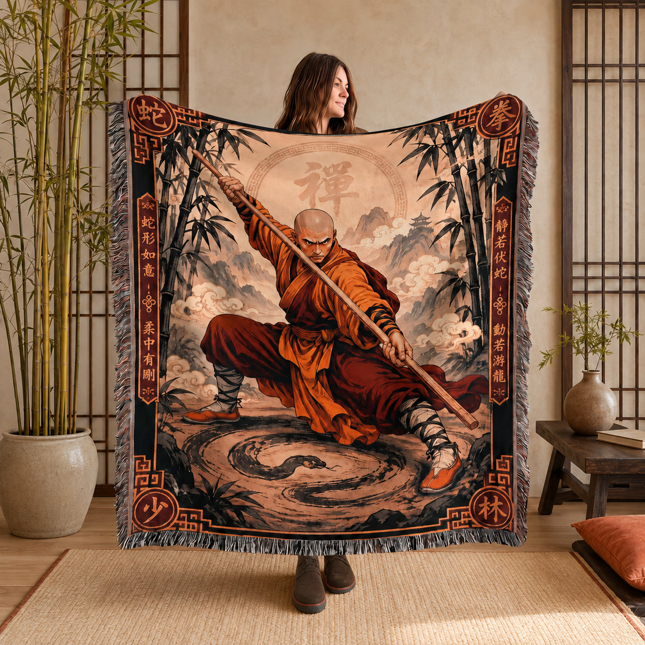 Shaolin Snake Style Woven Blanket with Fighting Staff