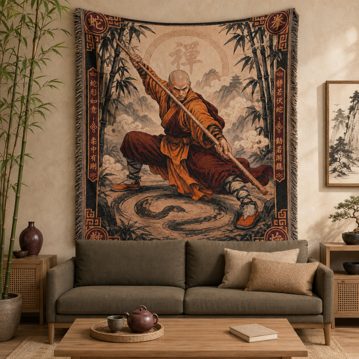 Shaolin Snake Style Woven Blanket with Fighting Staff