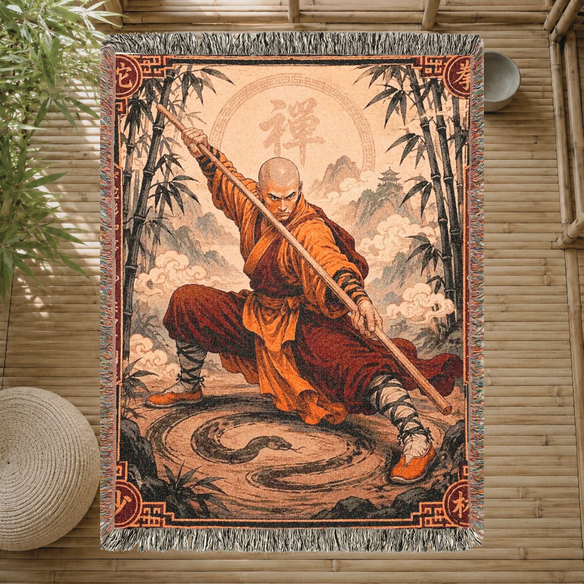 Shaolin Snake Style Woven Blanket with Fighting Staff