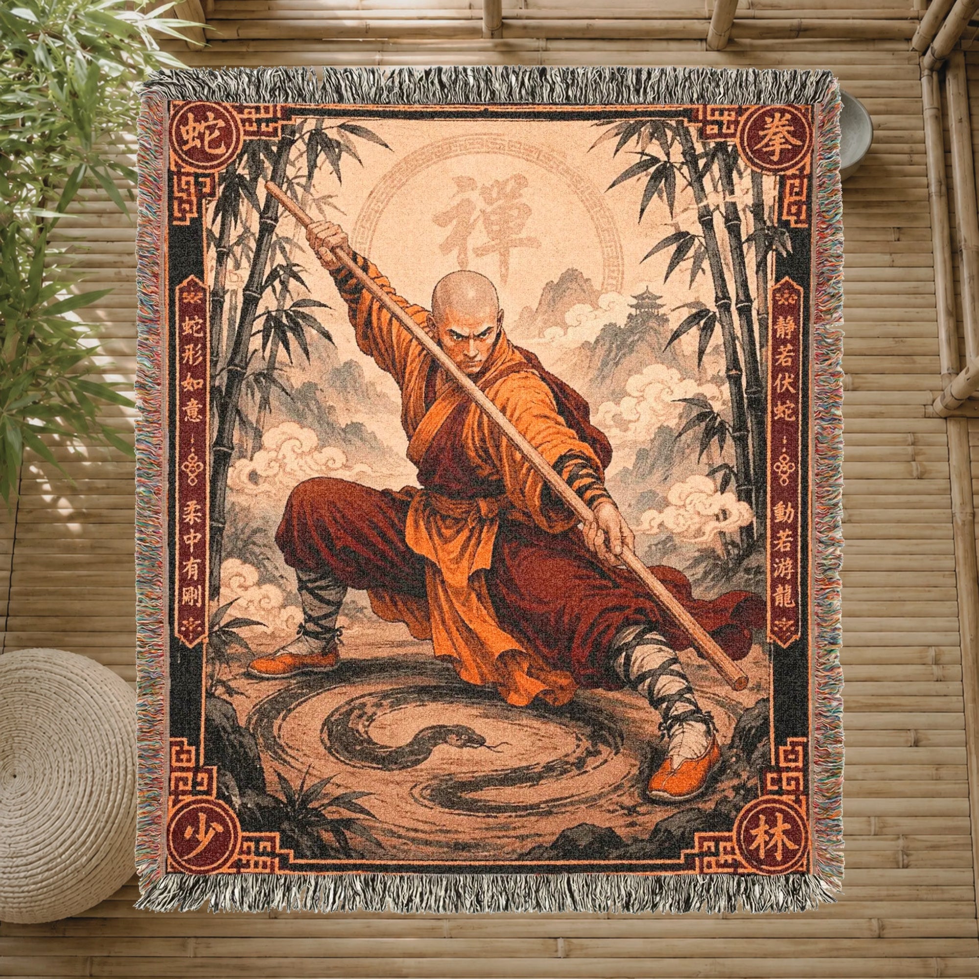 Shaolin Snake Style Woven Blanket with Fighting Staff