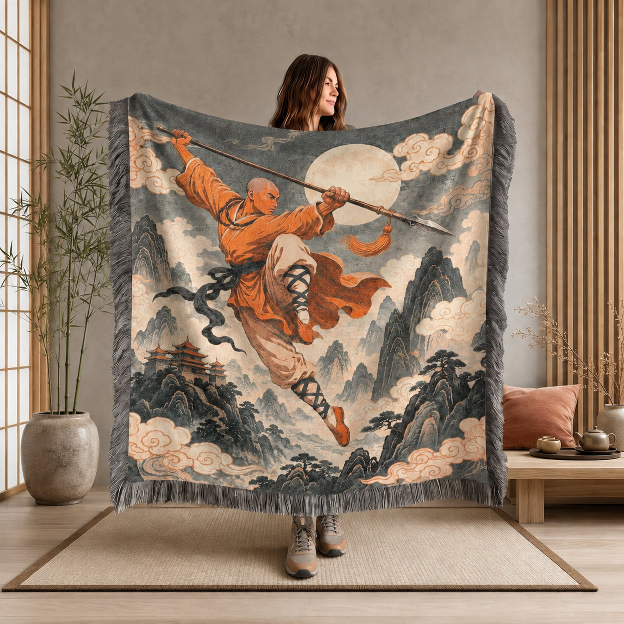 Leaping Shaolin Monk Woven Blanket with Fighting Staff