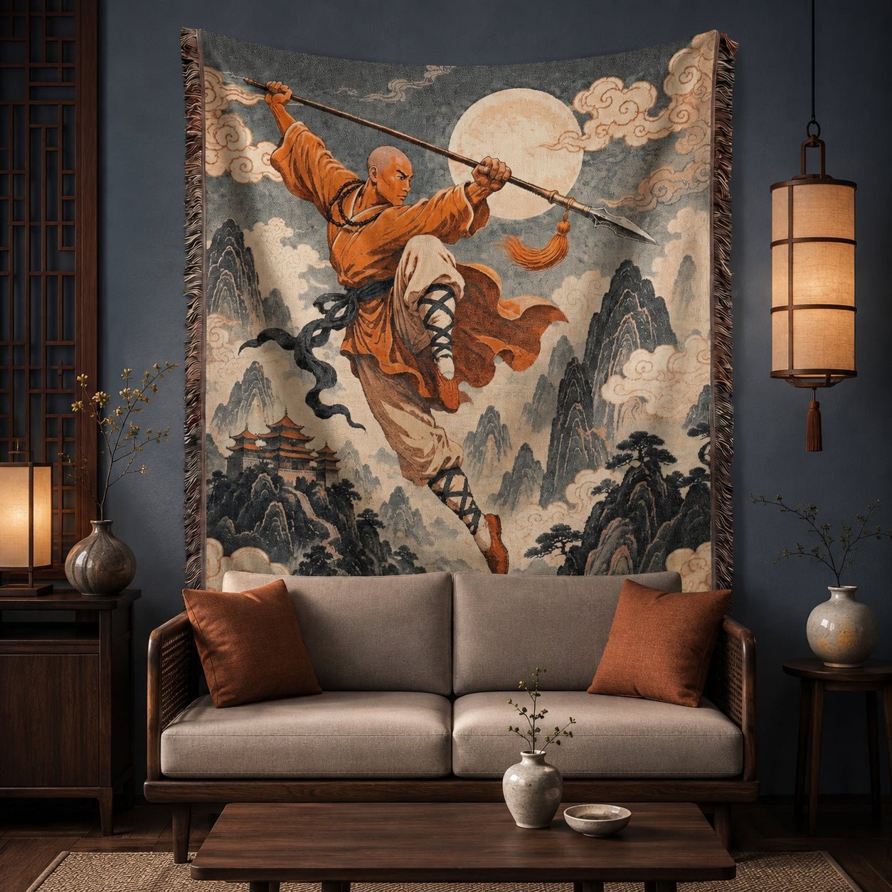 Leaping Shaolin Monk Woven Blanket with Fighting Staff