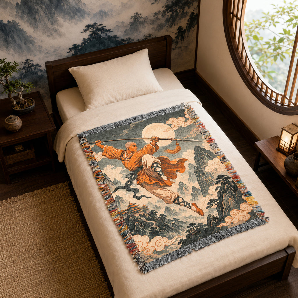 Leaping Shaolin Monk Woven Blanket with Fighting Staff