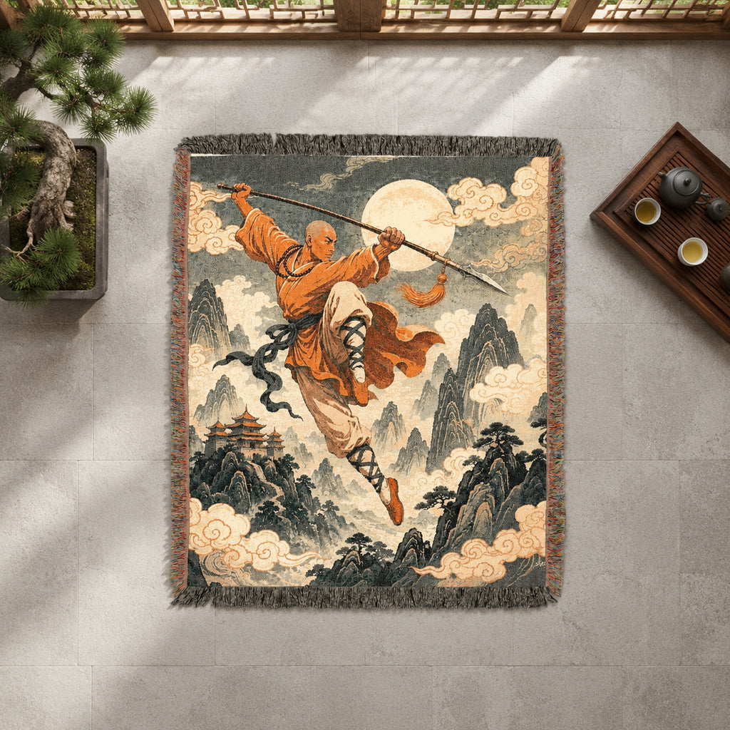 Leaping Shaolin Monk Woven Blanket with Fighting Staff