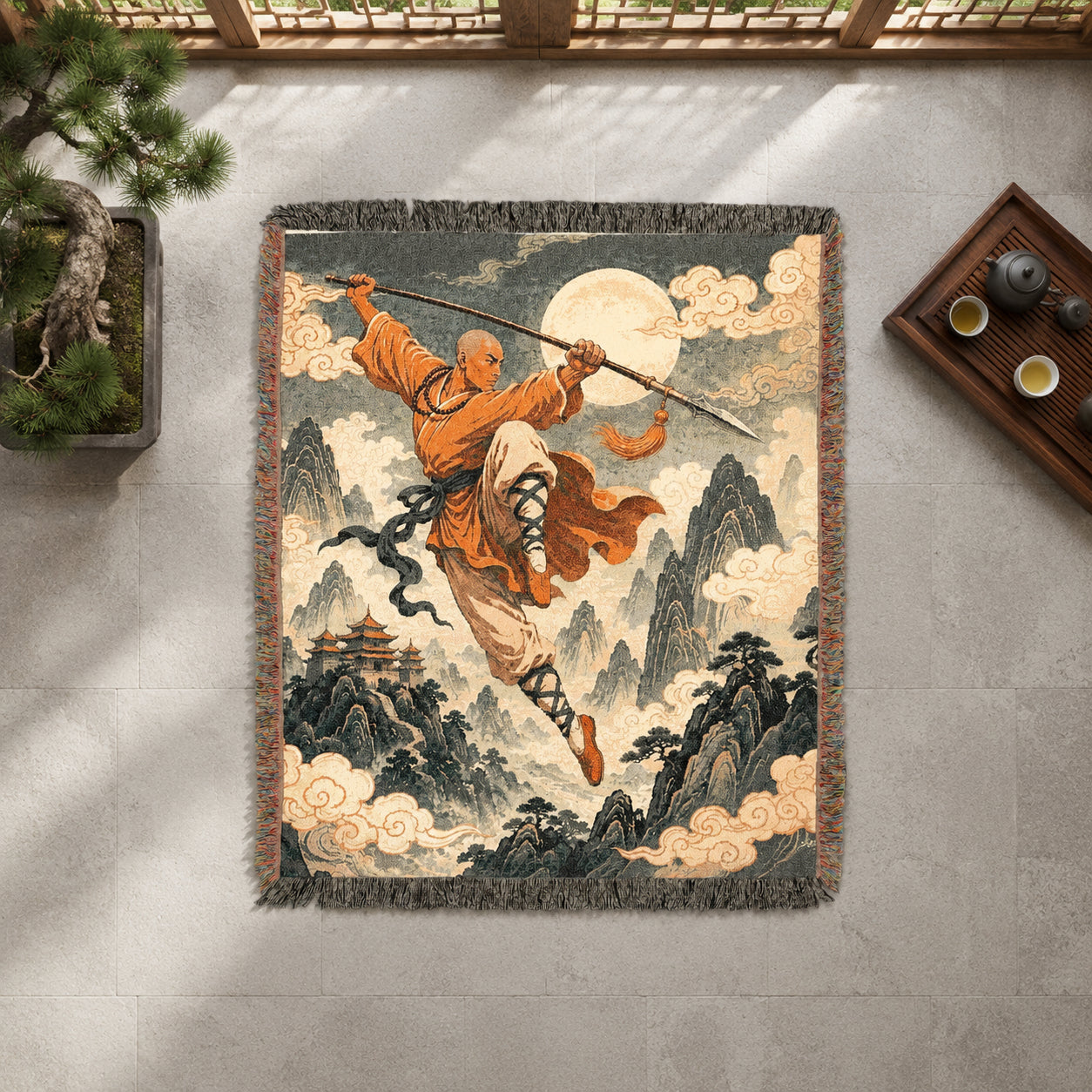 Leaping Shaolin Monk Woven Blanket with Fighting Staff