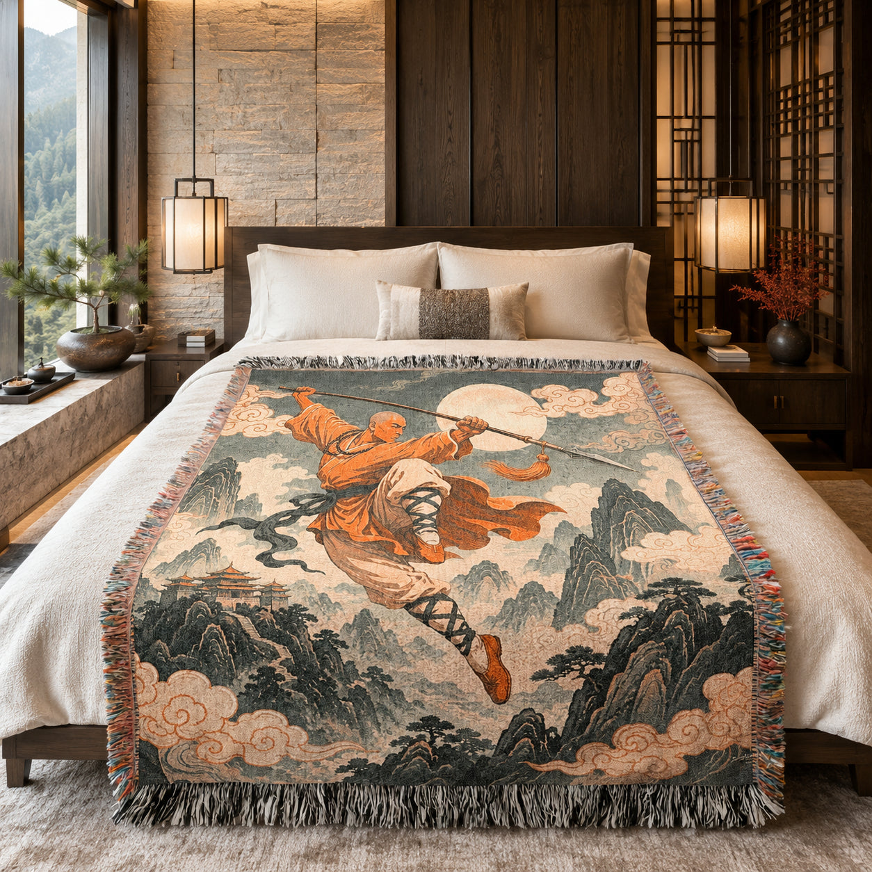 Leaping Shaolin Monk Woven Blanket with Fighting Staff