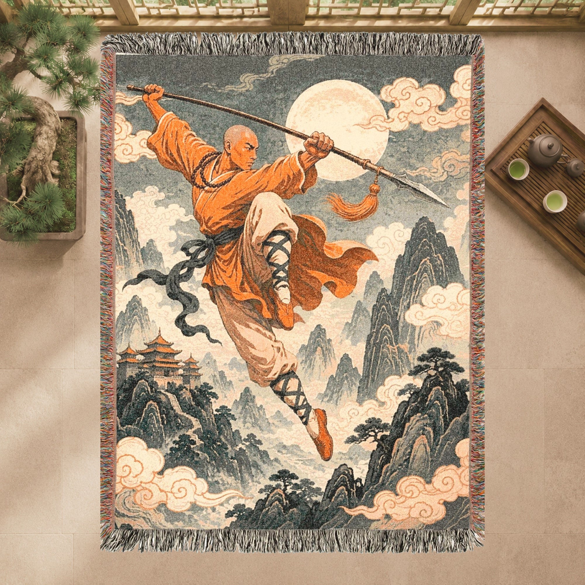 Leaping Shaolin Monk Woven Blanket with Fighting Staff
