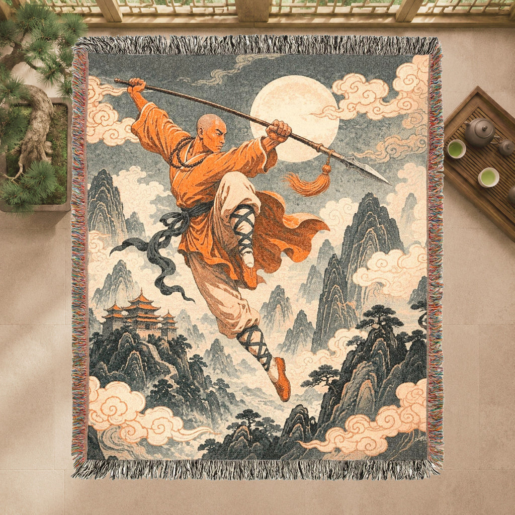 Leaping Shaolin Monk Woven Blanket with Fighting Staff