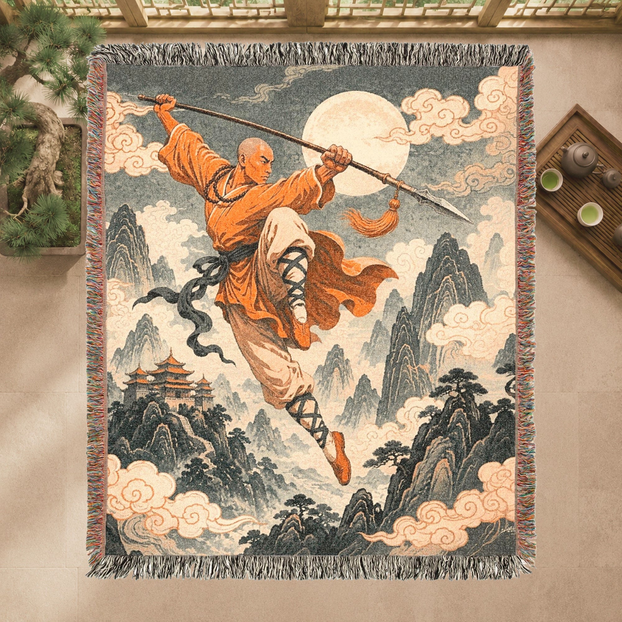 Leaping Shaolin Monk Woven Blanket with Fighting Staff