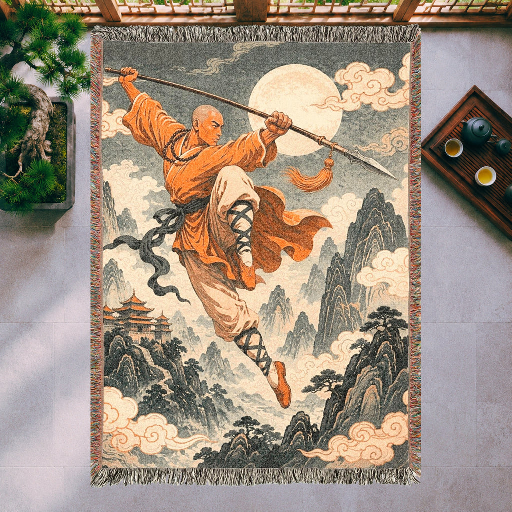 Leaping Shaolin Monk Woven Blanket with Fighting Staff