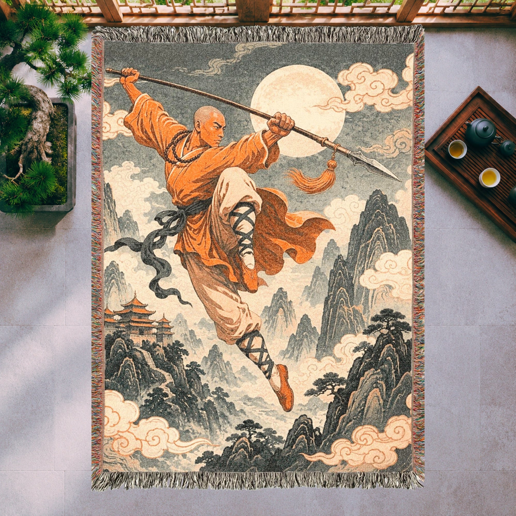 Leaping Shaolin Monk Woven Blanket with Fighting Staff