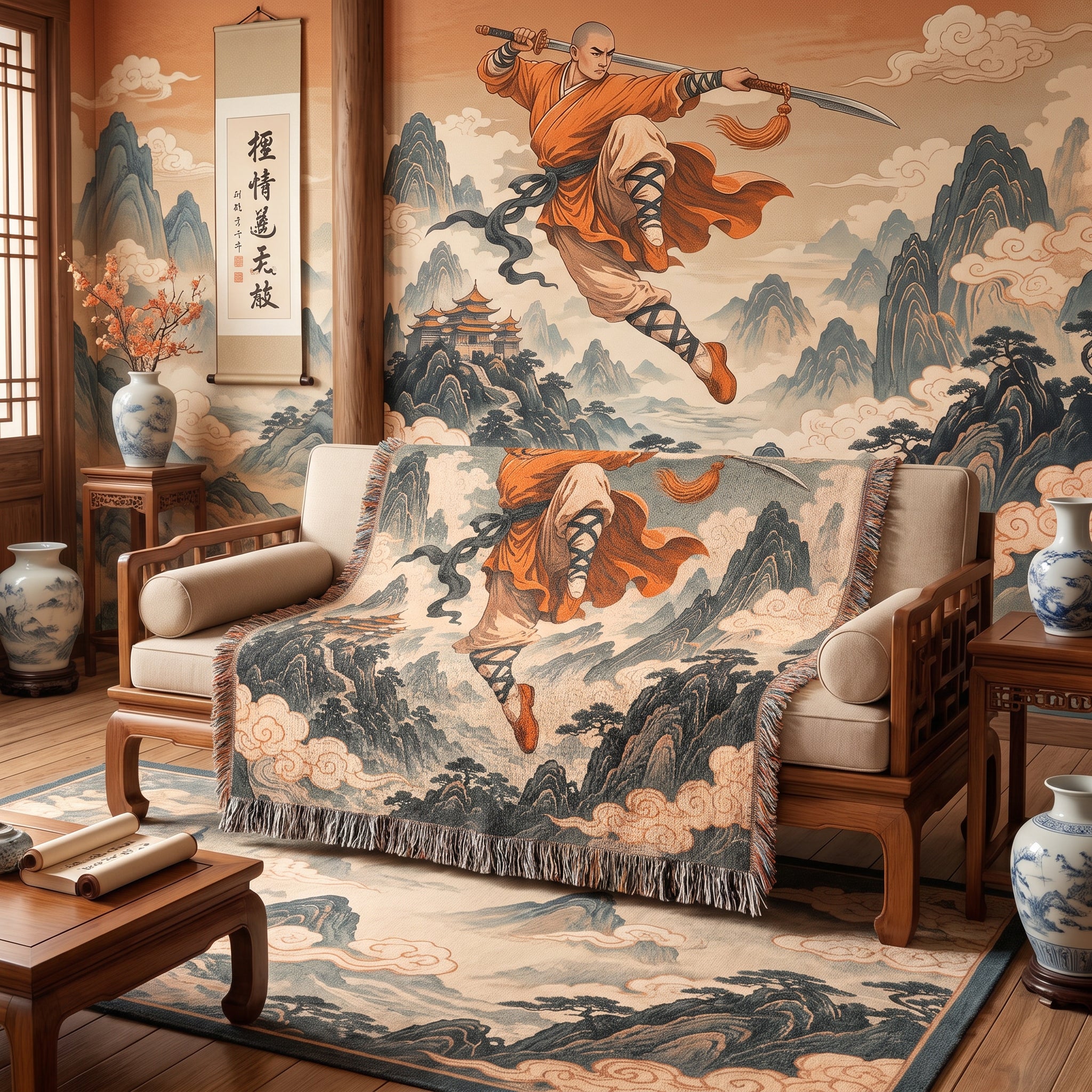 Leaping Shaolin Monk Woven Blanket with Fighting Staff