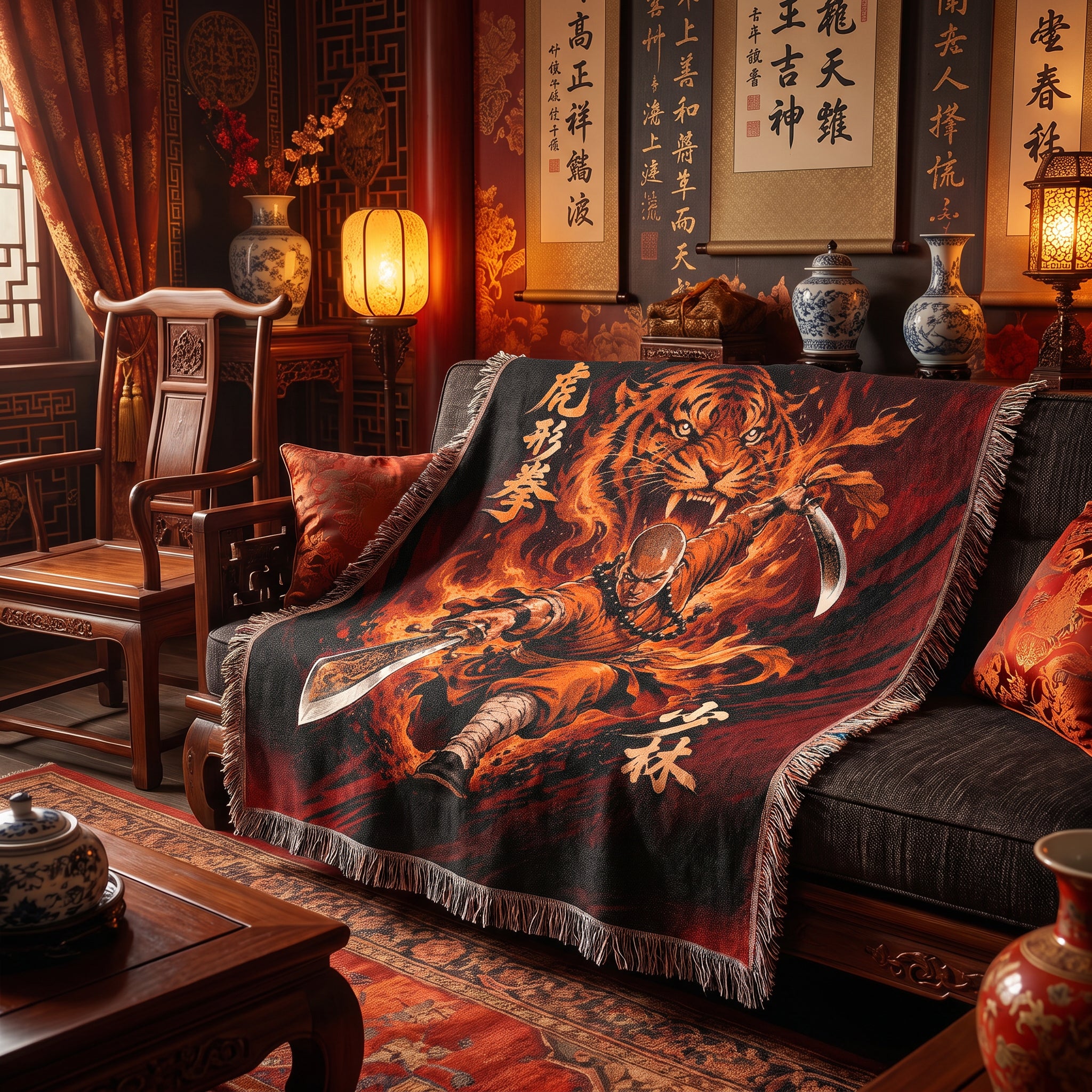 Shaolin Tiger Style Woven Blanket with Twin Swords