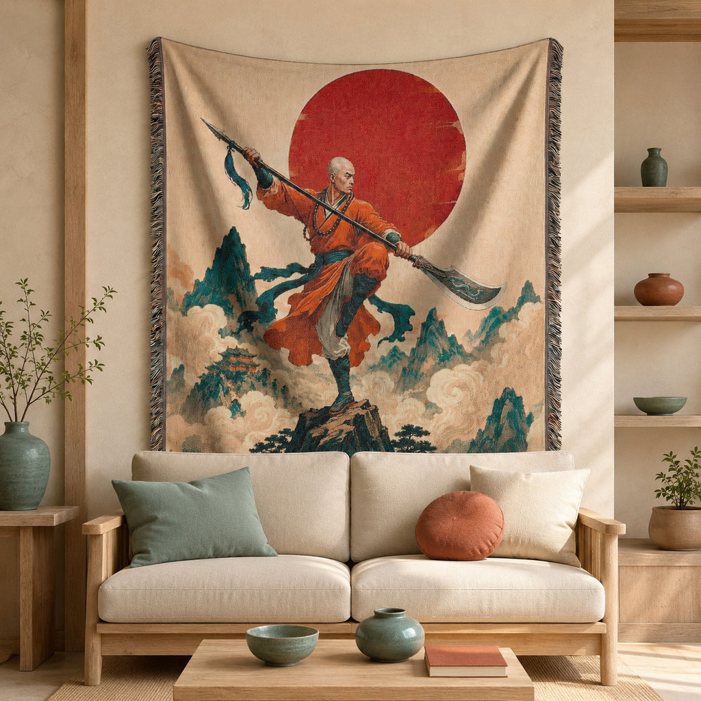Shaolin Monk Woven Blanket with Red Sun and Mountains