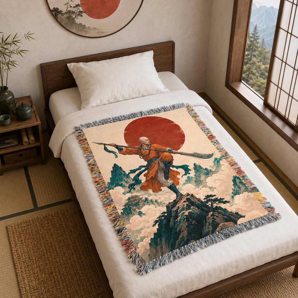 Shaolin Monk Woven Blanket with Red Sun and Mountains