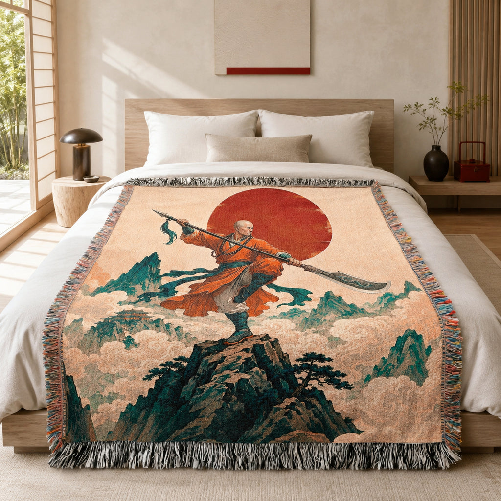 Shaolin Monk Woven Blanket with Red Sun and Mountains