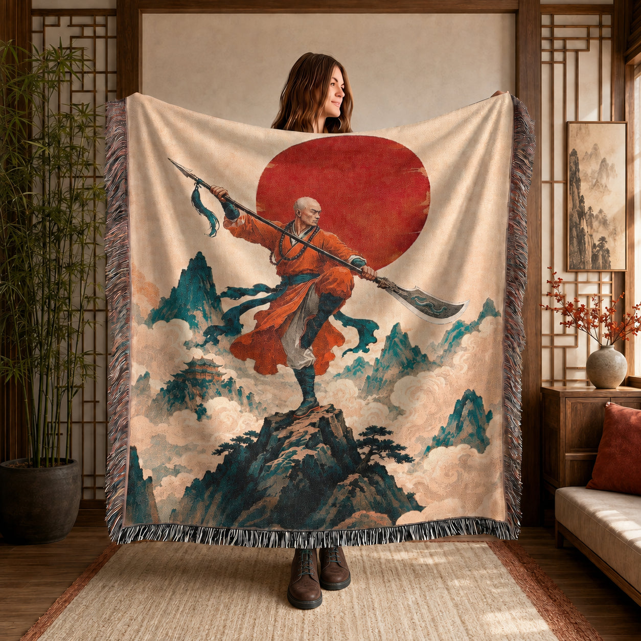 Shaolin Monk Woven Blanket with Red Sun and Mountains