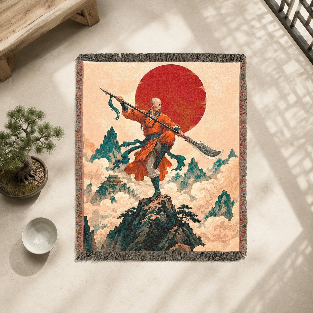 Shaolin Monk Woven Blanket with Red Sun and Mountains
