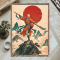 Shaolin Monk Woven Blanket with Red Sun and Mountains