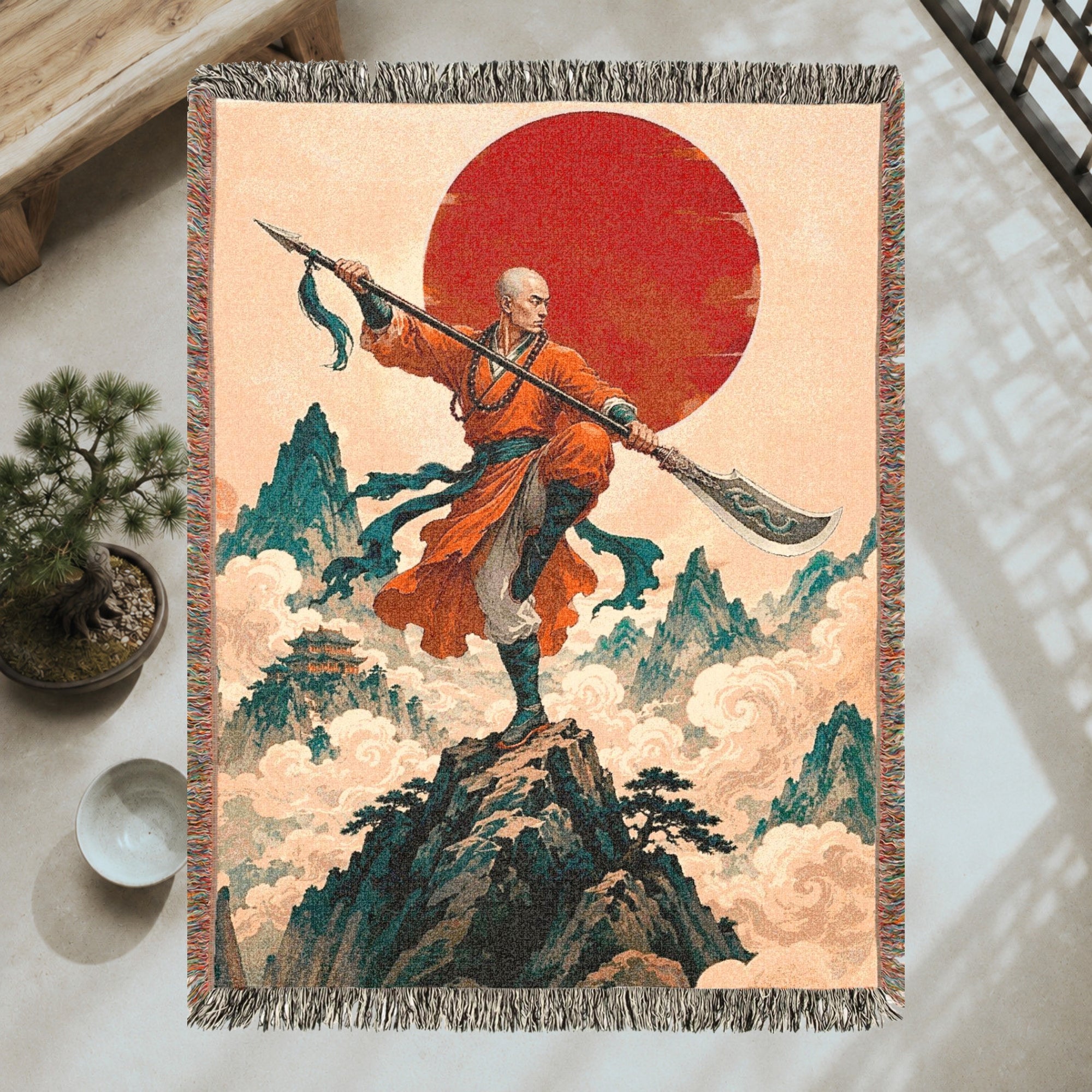 Shaolin Monk Woven Blanket with Red Sun and Mountains