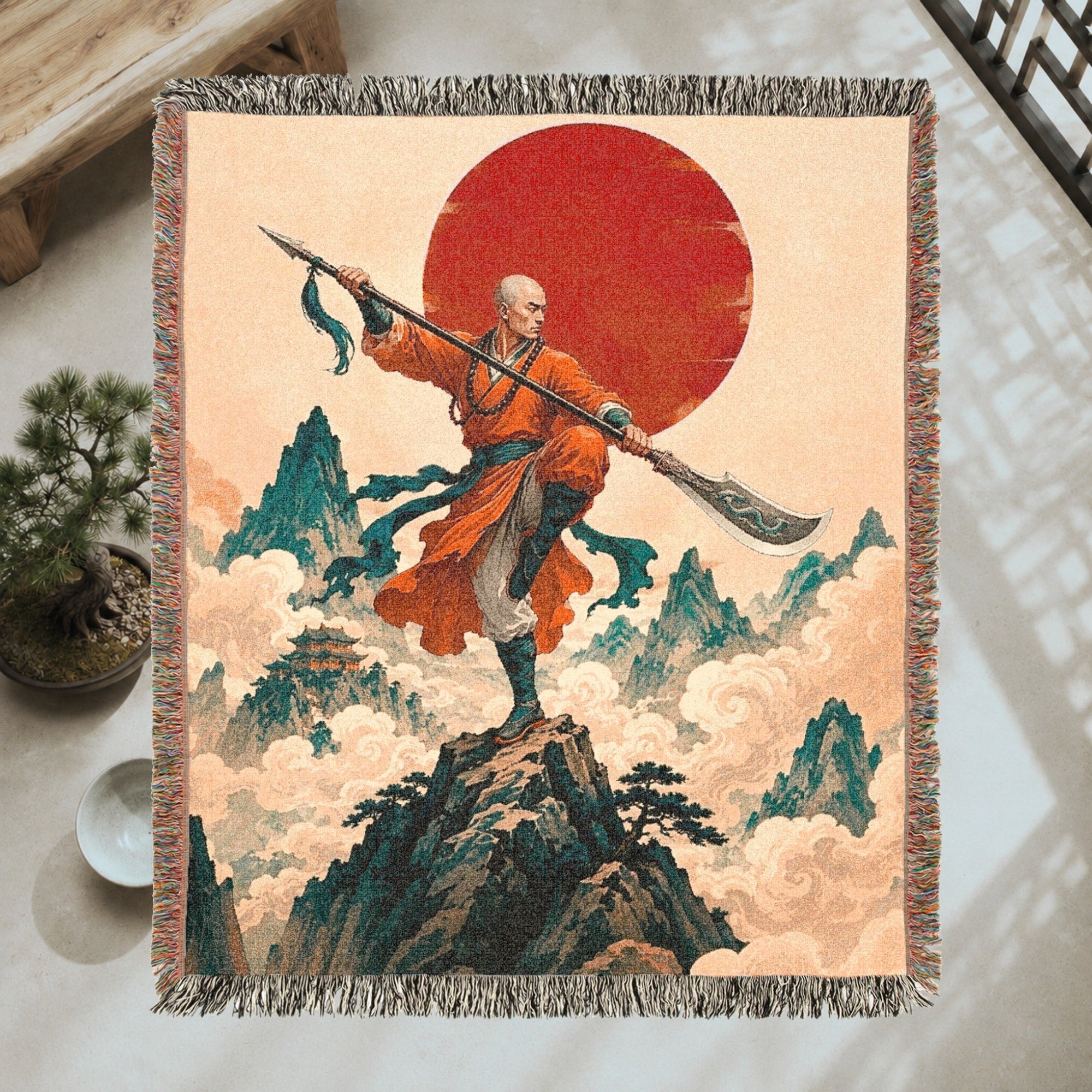 Shaolin Monk Woven Blanket with Red Sun and Mountains