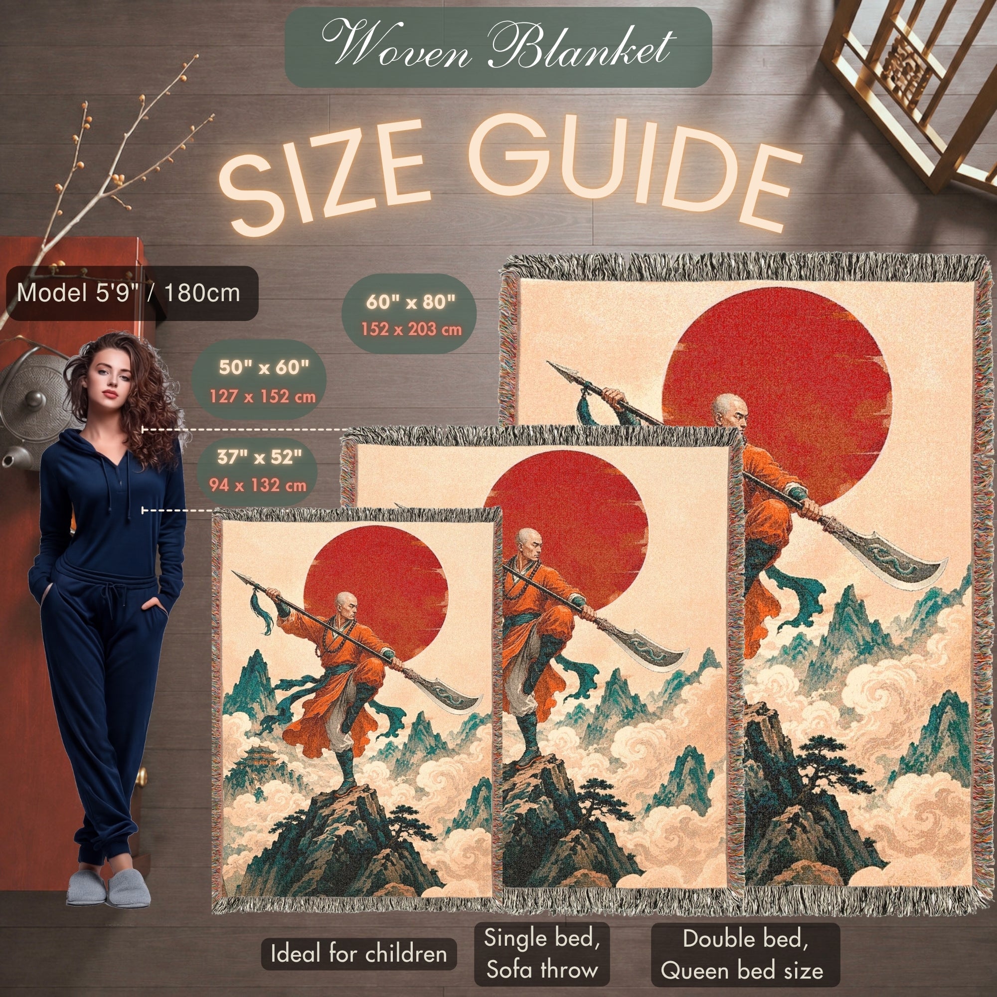 Shaolin Monk Woven Blanket with Red Sun and Mountains
