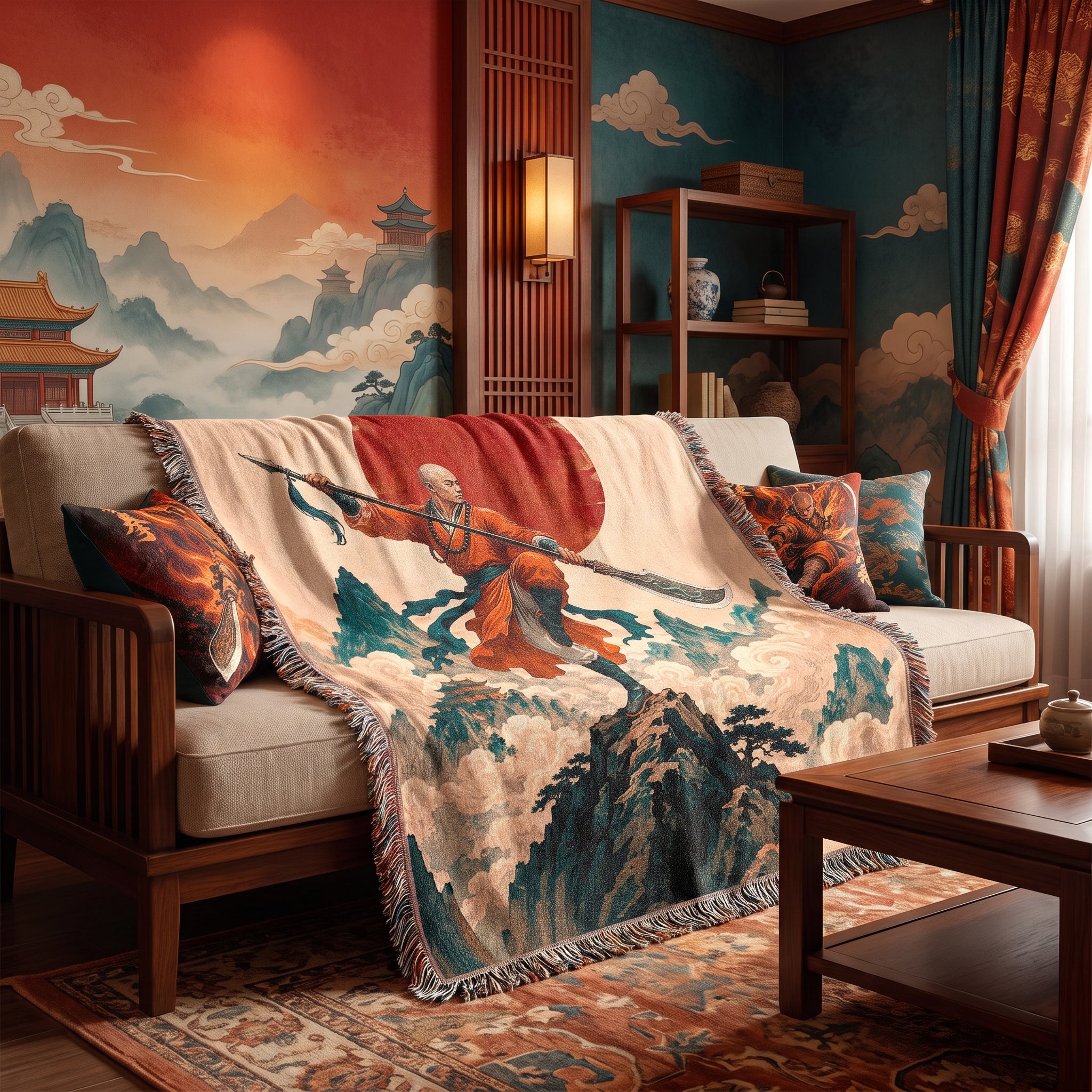 Shaolin Monk Woven Blanket with Red Sun and Mountains
