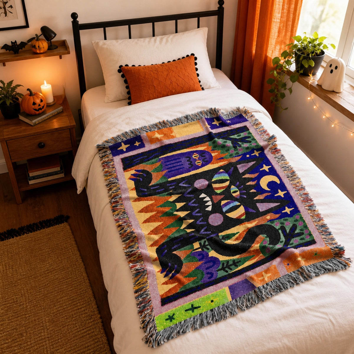 Whimsical Black Cat Halloween Woven Blanket