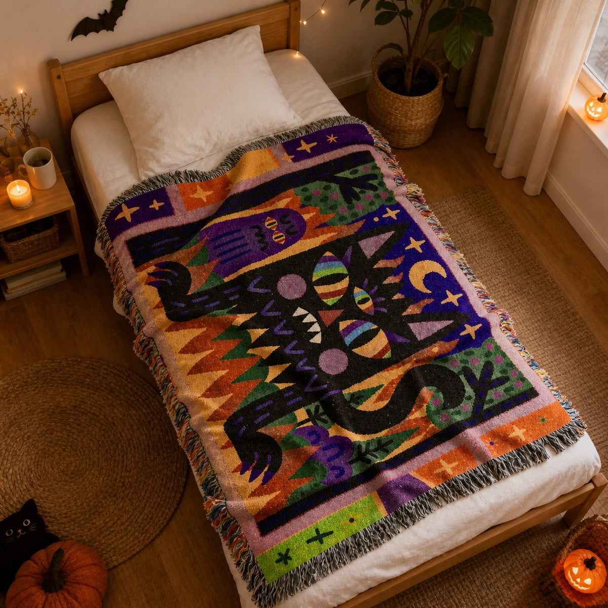 Whimsical Black Cat Halloween Woven Blanket