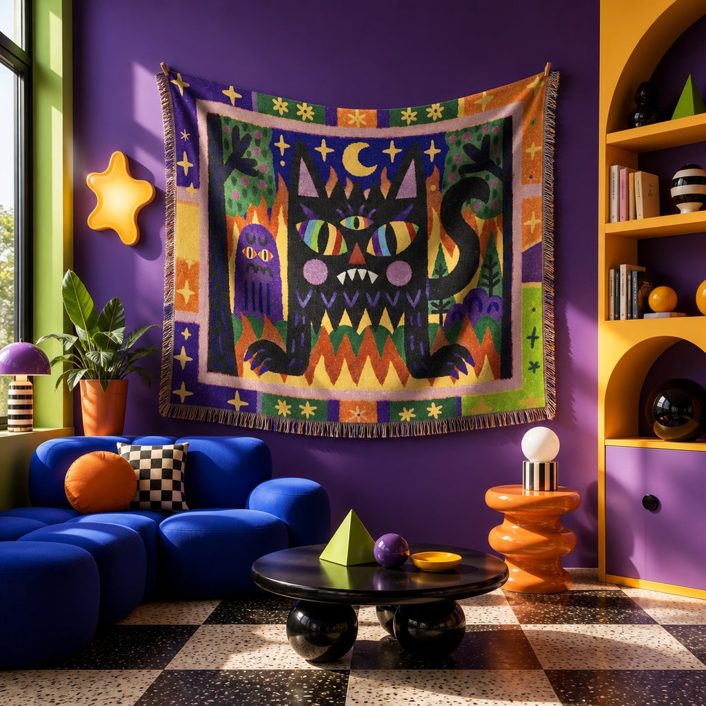 Whimsical Black Cat Halloween Woven Blanket
